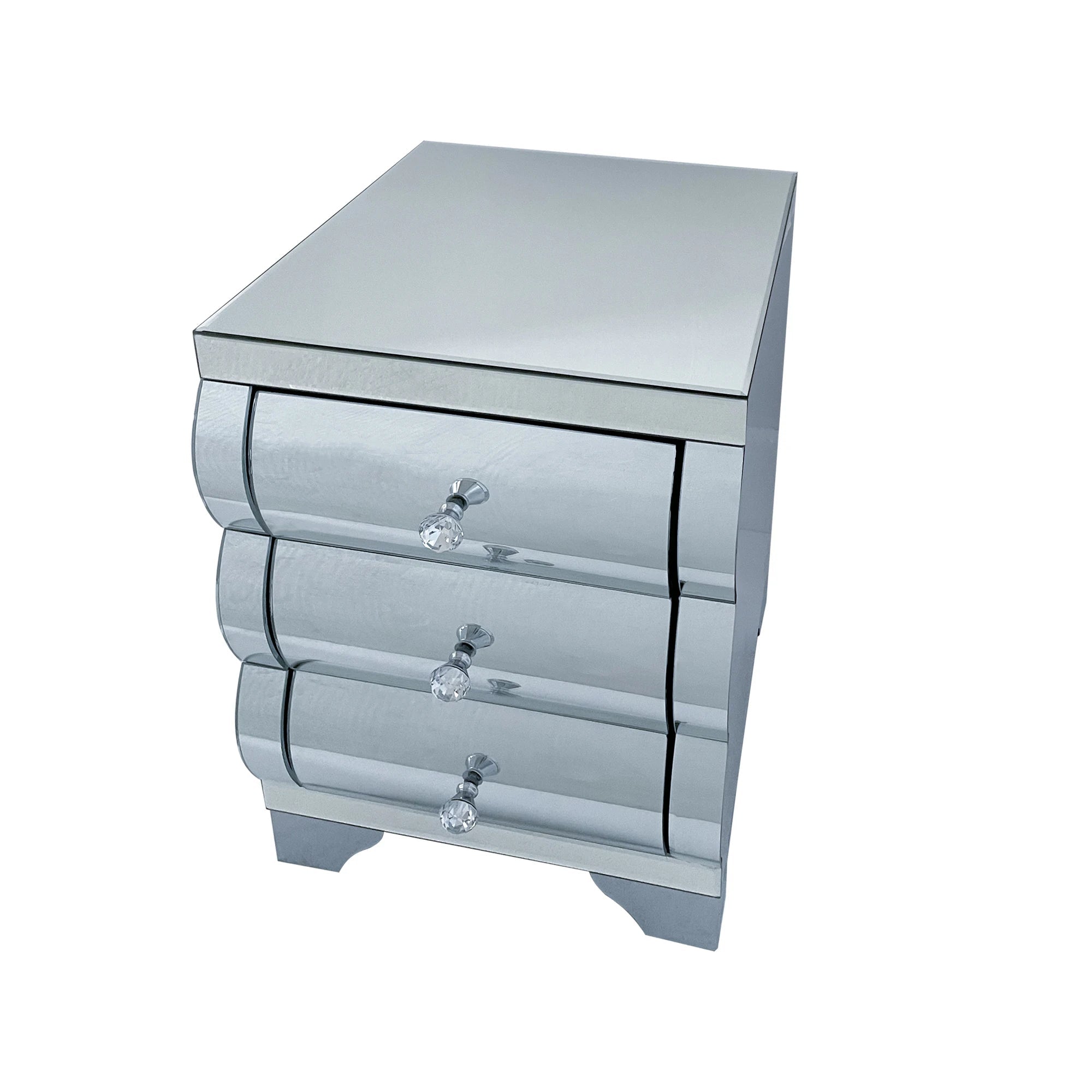 Modern Baked Curved Mirror Nightstand with 3 Drawers Glass Wood Bedroom Furniture for Small Spaces Home Silver - Cozy & Co. Market