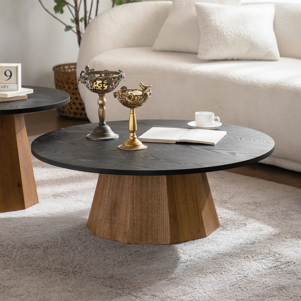 Modern Round Wooden Coffee Table Design Sturdy Pedestal Base Easy Assembly for Living Room Furniture - Cozy & Co. Market