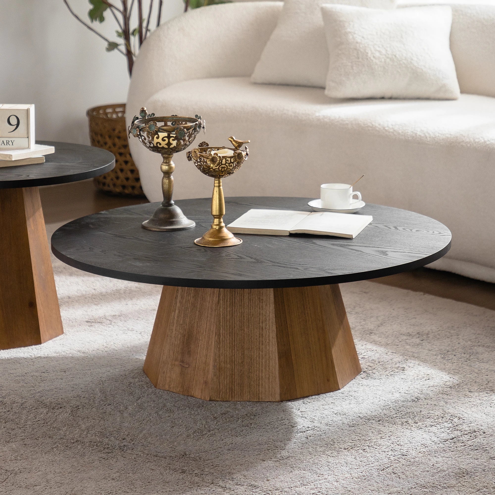 Modern Round Wooden Coffee Table Design Sturdy Pedestal Base Easy Assembly for Living Room Furniture - Cozy & Co. Market