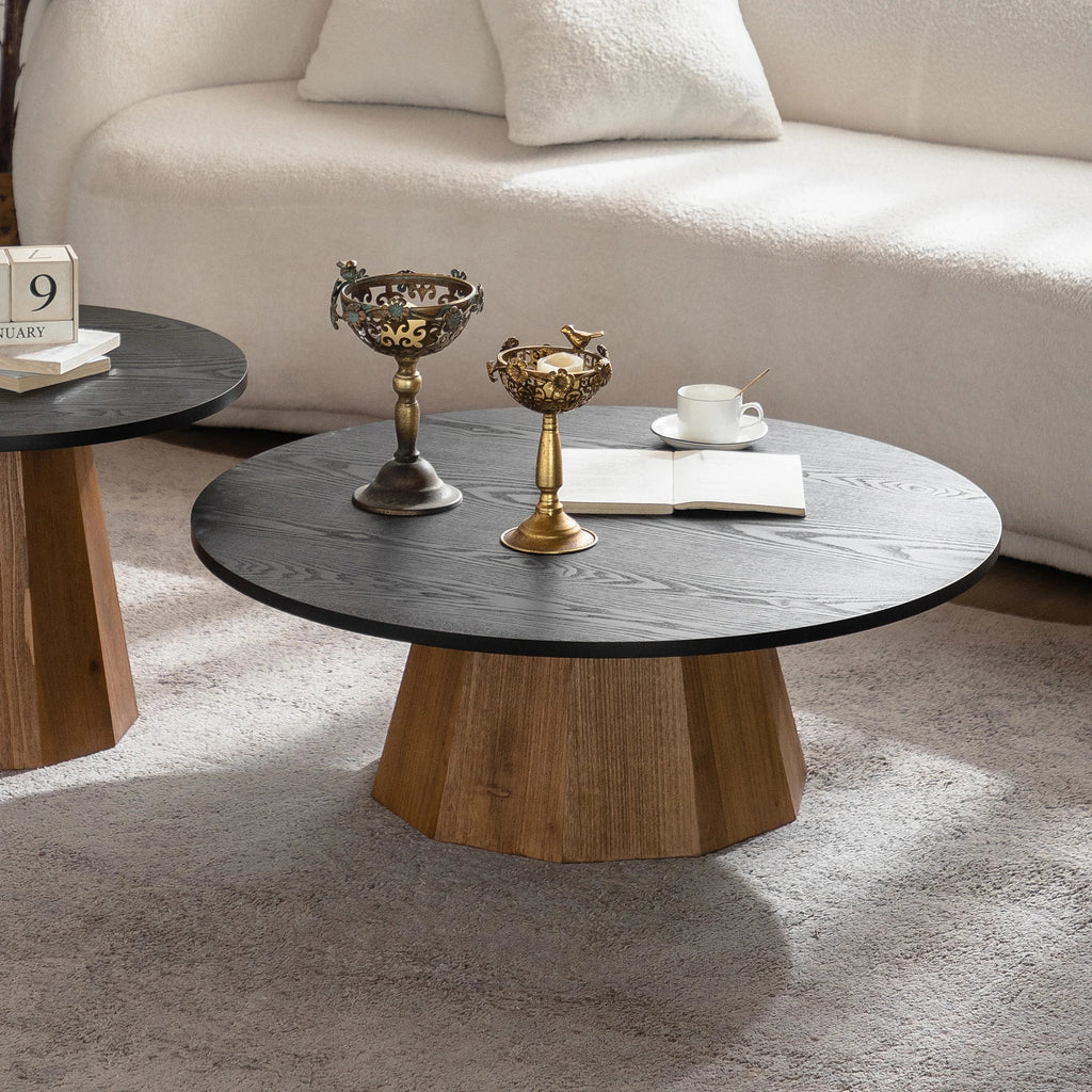 Modern Round Wooden Coffee Table Design Sturdy Pedestal Base Easy Assembly for Living Room Furniture - Cozy & Co. Market