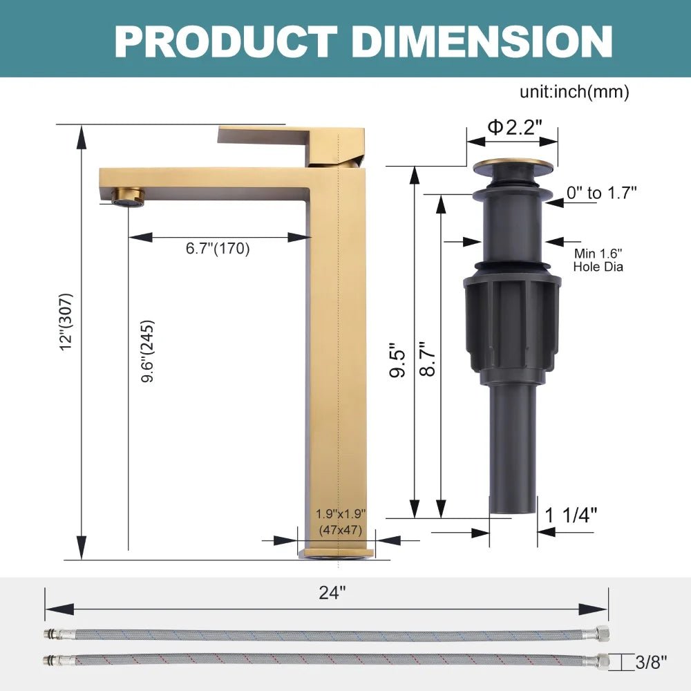 Modern Square Stainless Steel High Rise Washbasin Mixer Faucet Ceramic Brushed Gold Hot Sale Bathroom Basin Faucet - Cozy & Co. Market