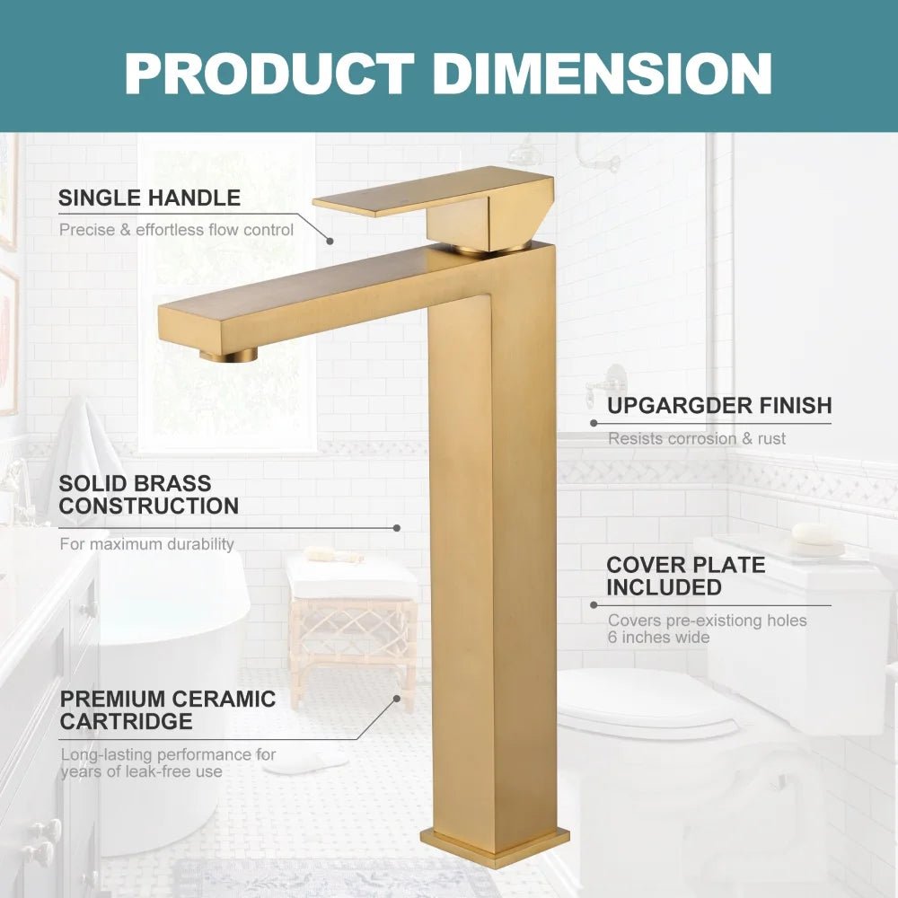Modern Square Stainless Steel High Rise Washbasin Mixer Faucet Ceramic Brushed Gold Hot Sale Bathroom Basin Faucet - Cozy & Co. Market