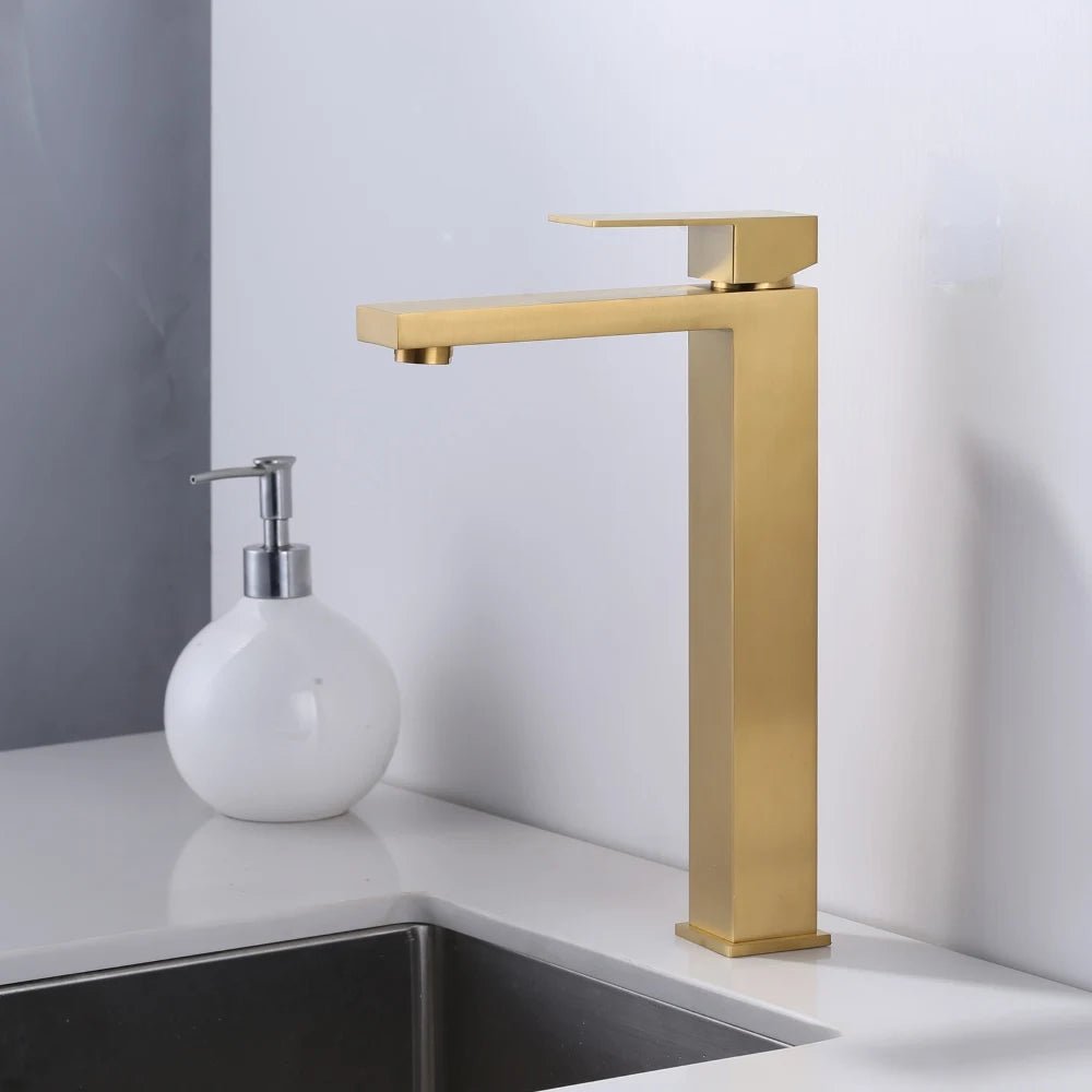 Modern Square Stainless Steel High Rise Washbasin Mixer Faucet Ceramic Brushed Gold Hot Sale Bathroom Basin Faucet - Cozy & Co. Market