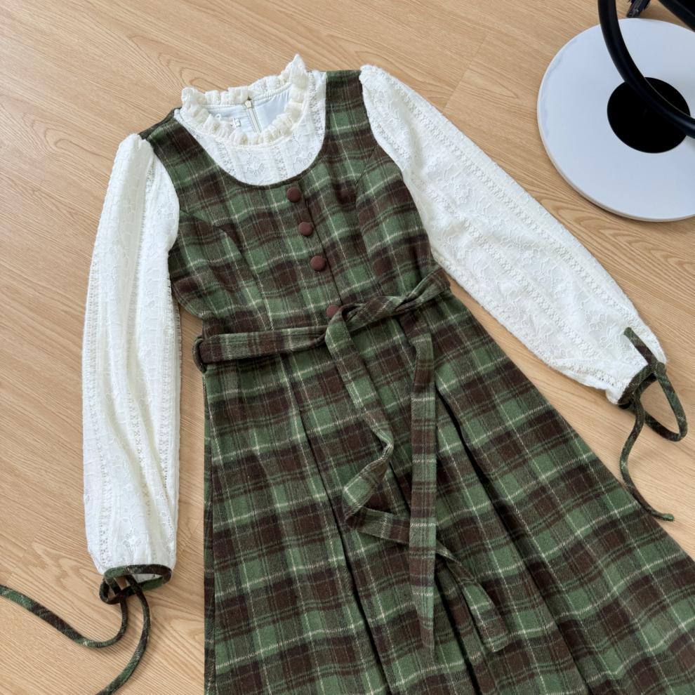 Mori Style Retro Fake Two-piece Long-sleeved dress Women's Spring Autumn and Winter French Style Elegant Plaid Slim Look Long Skirt - Cozy & Co. Market