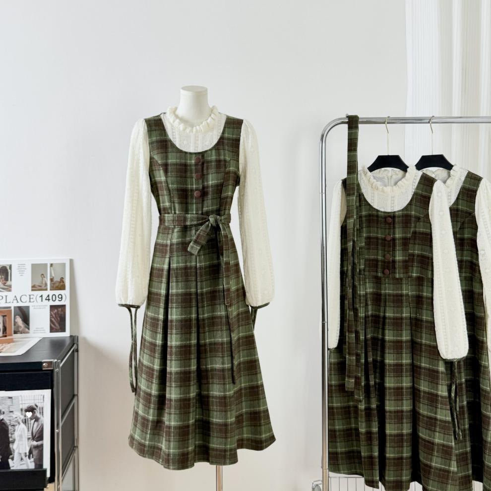 Mori Style Retro Fake Two-piece Long-sleeved dress Women's Spring Autumn and Winter French Style Elegant Plaid Slim Look Long Skirt - Cozy & Co. Market