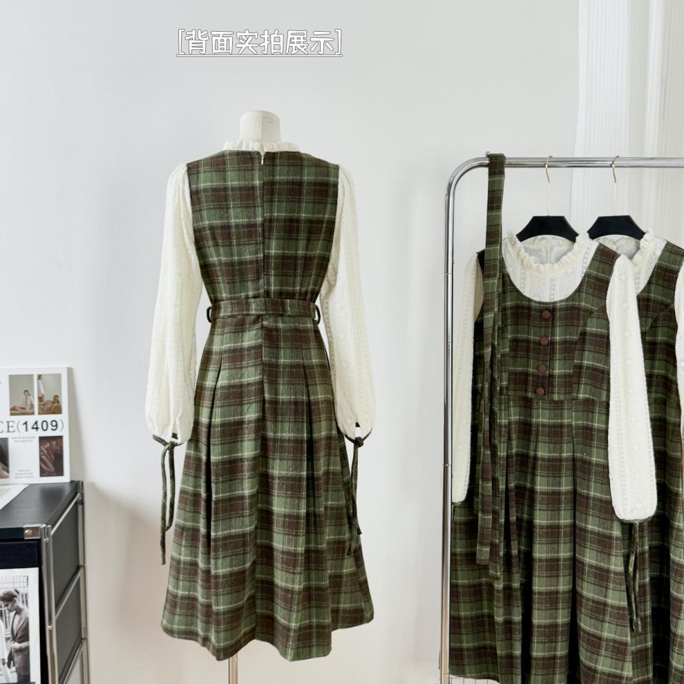 Mori Style Retro Fake Two-piece Long-sleeved dress Women's Spring Autumn and Winter French Style Elegant Plaid Slim Look Long Skirt - Cozy & Co. Market