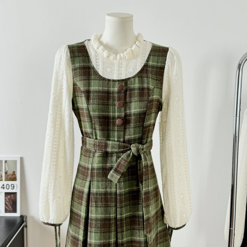 Mori Style Retro Fake Two-piece Long-sleeved dress Women's Spring Autumn and Winter French Style Elegant Plaid Slim Look Long Skirt - Cozy & Co. Market