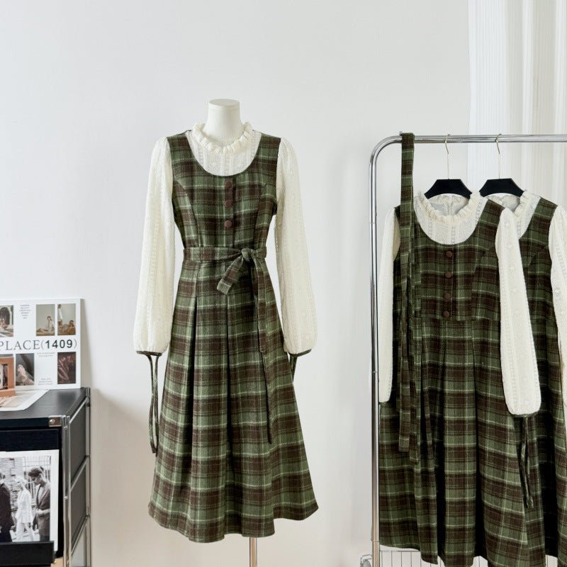 Mori Style Retro Fake Two-piece Long-sleeved dress Women's Spring Autumn and Winter French Style Elegant Plaid Slim Look Long Skirt - Cozy & Co. Market