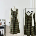 Mori Style Retro Fake Two-piece Long-sleeved dress Women's Spring Autumn and Winter French Style Elegant Plaid Slim Look Long Skirt - Cozy & Co. Market