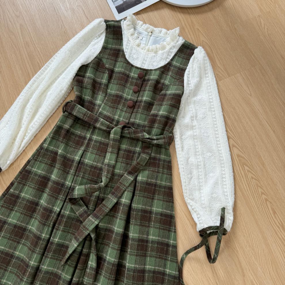 Mori Style Retro Fake Two-piece Long-sleeved dress Women's Spring Autumn and Winter French Style Elegant Plaid Slim Look Long Skirt - Cozy & Co. Market