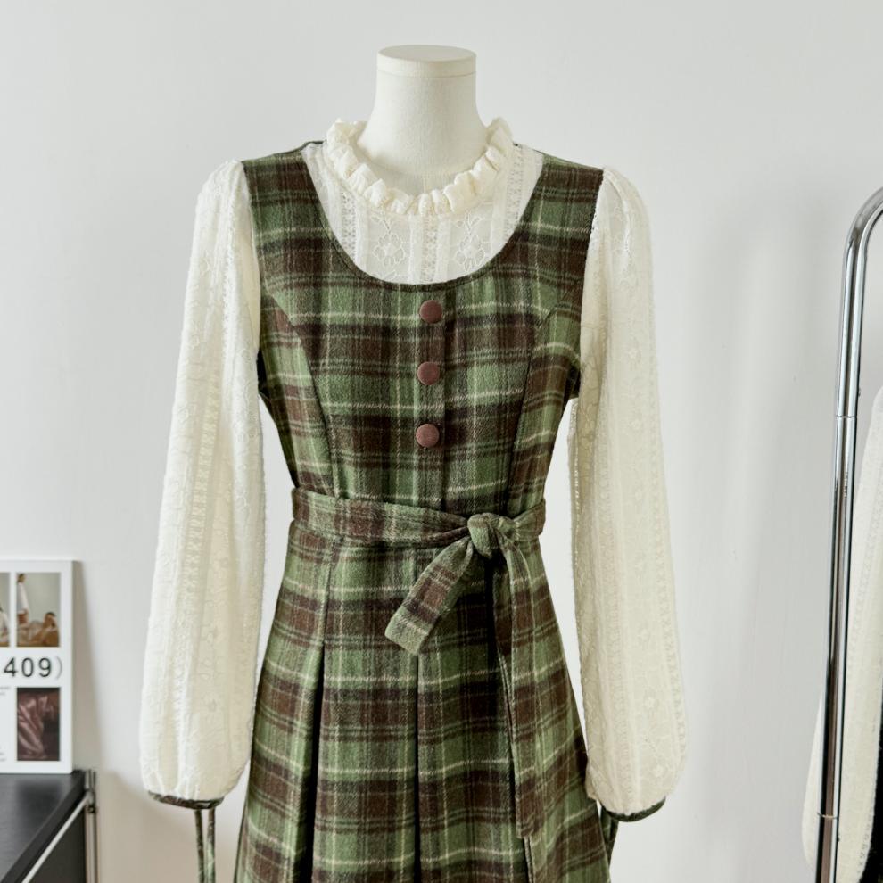 Mori Style Retro Fake Two-piece Long-sleeved dress Women's Spring Autumn and Winter French Style Elegant Plaid Slim Look Long Skirt - Cozy & Co. Market