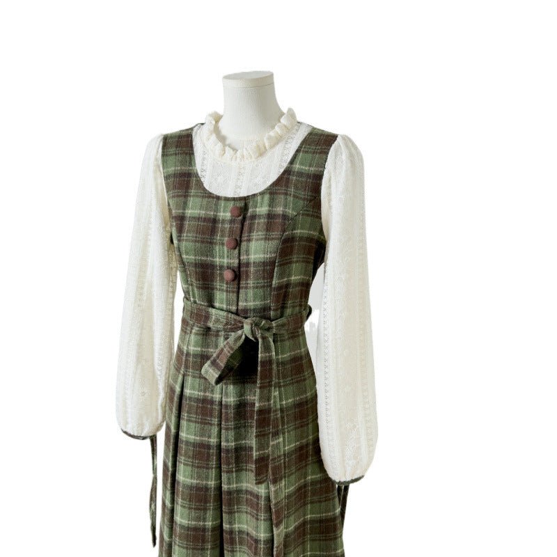 Mori Style Retro Fake Two-piece Long-sleeved dress Women's Spring Autumn and Winter French Style Elegant Plaid Slim Look Long Skirt - Cozy & Co. Market