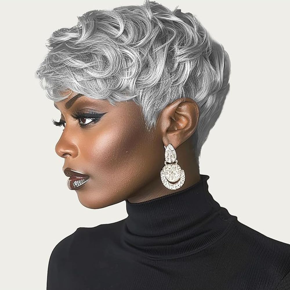 MUJGOO Pixie Grey Wigs for Black Women Short Wigs for Black Women Short Curly Wigs Pixie Cut Wigs with Bangs for Black Women Pixie Short Grey Wig for Black Women(Grey Mixd Black) - Cozy & Co. Market