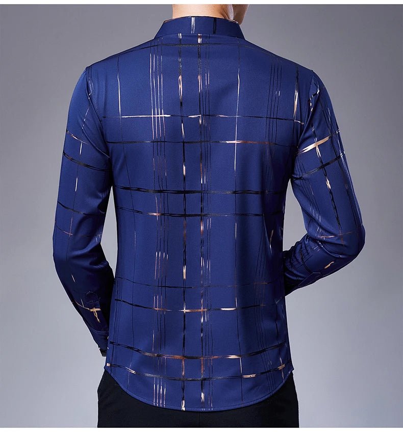 New Arrival Men's Casual Long Sleeve Satin Blouse Shirt Loose Fit Stand Collar Anti-Wrinkle Autumn Stripe Print Wholesale - Cozy & Co. Market