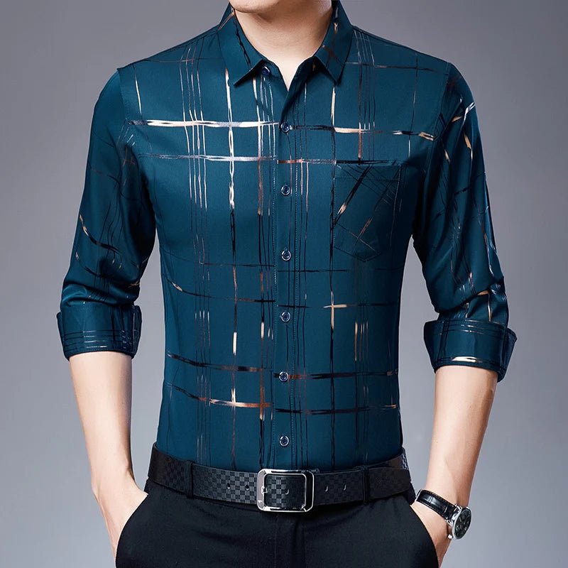 New Arrival Men's Casual Long Sleeve Satin Blouse Shirt Loose Fit Stand Collar Anti-Wrinkle Autumn Stripe Print Wholesale - Cozy & Co. Market