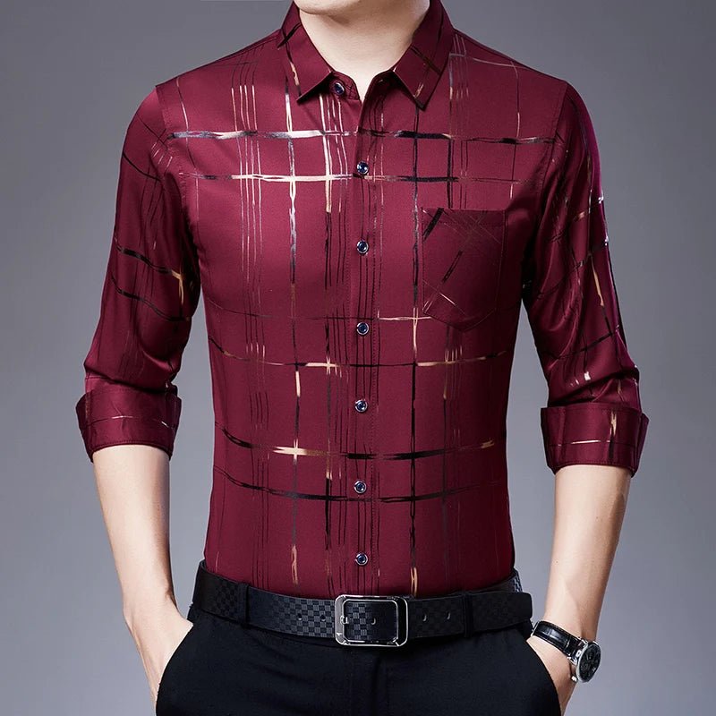 New Arrival Men's Casual Long Sleeve Satin Blouse Shirt Loose Fit Stand Collar Anti-Wrinkle Autumn Stripe Print Wholesale - Cozy & Co. Market