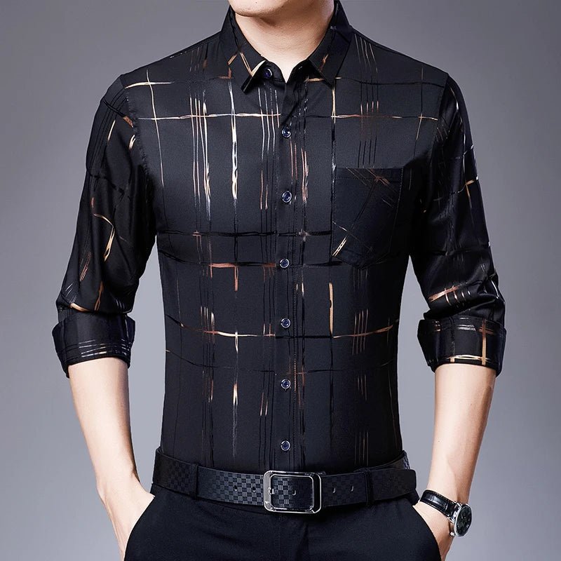 New Arrival Men's Casual Long Sleeve Satin Blouse Shirt Loose Fit Stand Collar Anti-Wrinkle Autumn Stripe Print Wholesale - Cozy & Co. Market