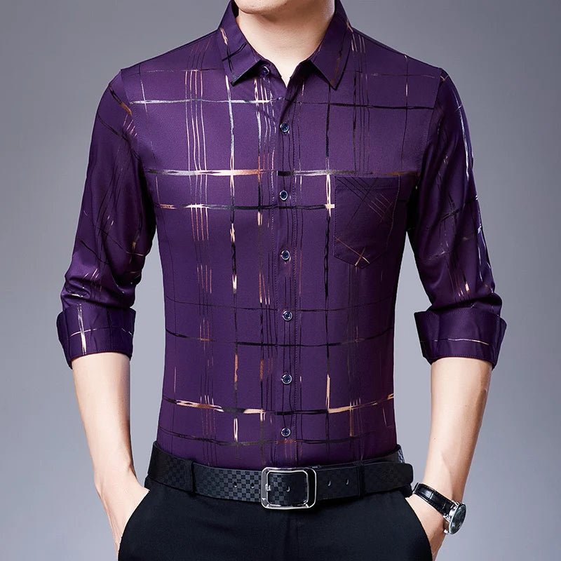 New Arrival Men's Casual Long Sleeve Satin Blouse Shirt Loose Fit Stand Collar Anti-Wrinkle Autumn Stripe Print Wholesale - Cozy & Co. Market