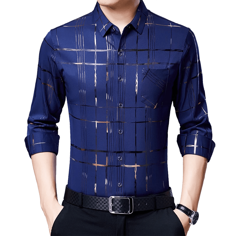 New Arrival Men's Casual Long Sleeve Satin Blouse Shirt Loose Fit Stand Collar Anti-Wrinkle Autumn Stripe Print Wholesale - Cozy & Co. Market