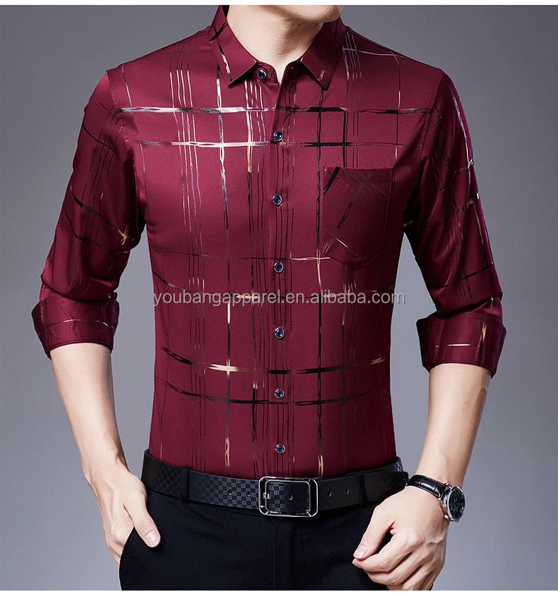 New Arrival Men's Casual Long Sleeve Satin Blouse Shirt Loose Fit Stand Collar Anti-Wrinkle Autumn Stripe Print Wholesale - Cozy & Co. Market