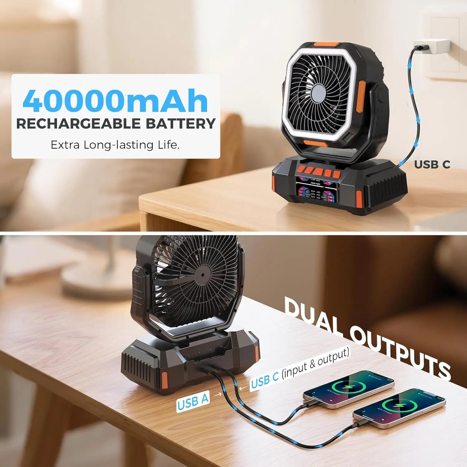 New Arrival Rechargeable Fan 40000mAh Portable 4 Levels Speed Long Battery Camp Fan with 5 Lighting for Outdoor Camping Picnic - Cozy & Co. Market
