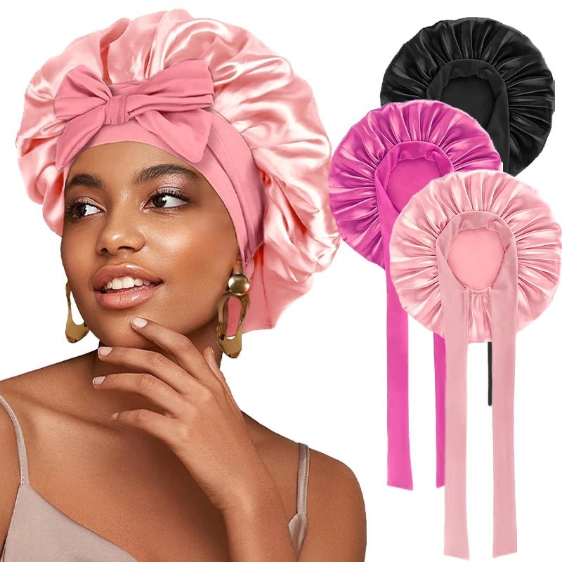 New Satin Solid Sleeping Hat With Stretchy Tie Band Elastic For Women Night Shower Cap Adjustable Hair Head Cover Bonnet Turban - Cozy & Co. Market