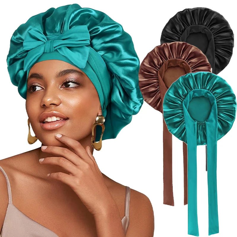 New Satin Solid Sleeping Hat With Stretchy Tie Band Elastic For Women Night Shower Cap Adjustable Hair Head Cover Bonnet Turban - Cozy & Co. Market