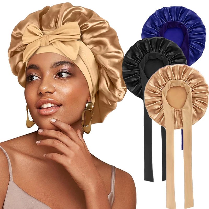 New Satin Solid Sleeping Hat With Stretchy Tie Band Elastic For Women Night Shower Cap Adjustable Hair Head Cover Bonnet Turban - Cozy & Co. Market