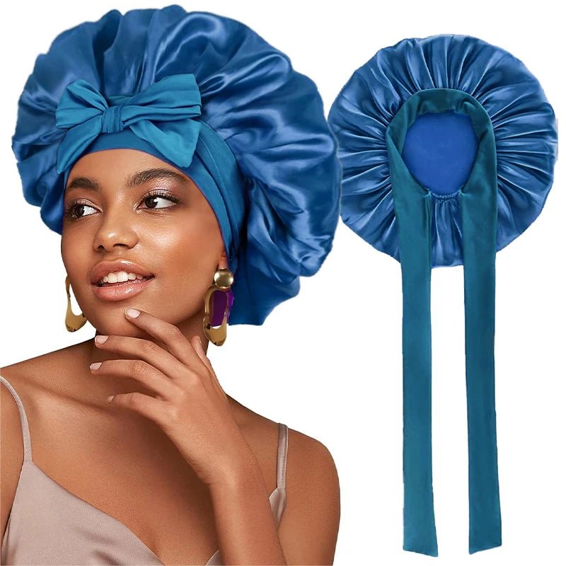 New Satin Solid Sleeping Hat With Stretchy Tie Band Elastic For Women Night Shower Cap Adjustable Hair Head Cover Bonnet Turban - Cozy & Co. Market