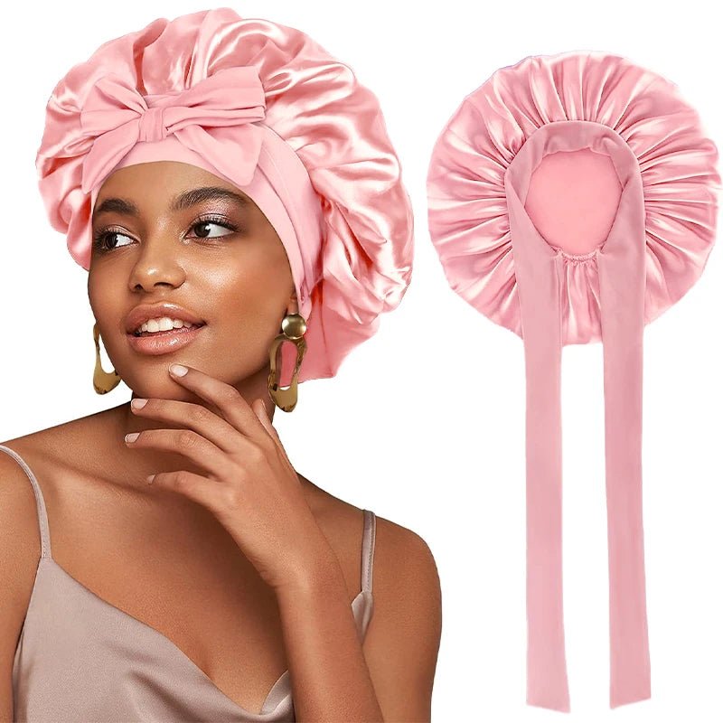 New Satin Solid Sleeping Hat With Stretchy Tie Band Elastic For Women Night Shower Cap Adjustable Hair Head Cover Bonnet Turban - Cozy & Co. Market