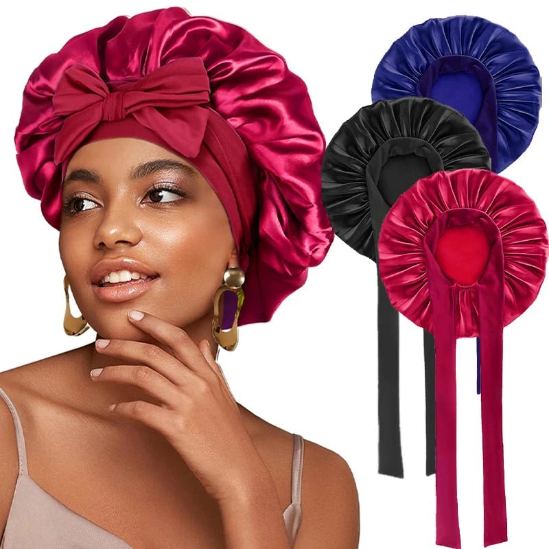 New Satin Solid Sleeping Hat With Stretchy Tie Band Elastic For Women Night Shower Cap Adjustable Hair Head Cover Bonnet Turban - Cozy & Co. Market