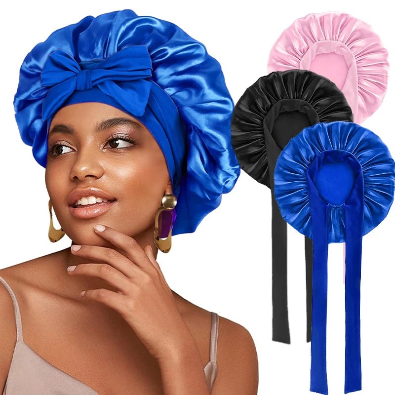 New Satin Solid Sleeping Hat With Stretchy Tie Band Elastic For Women Night Shower Cap Adjustable Hair Head Cover Bonnet Turban - Cozy & Co. Market