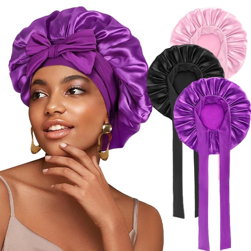 New Satin Solid Sleeping Hat With Stretchy Tie Band Elastic For Women Night Shower Cap Adjustable Hair Head Cover Bonnet Turban - Cozy & Co. Market