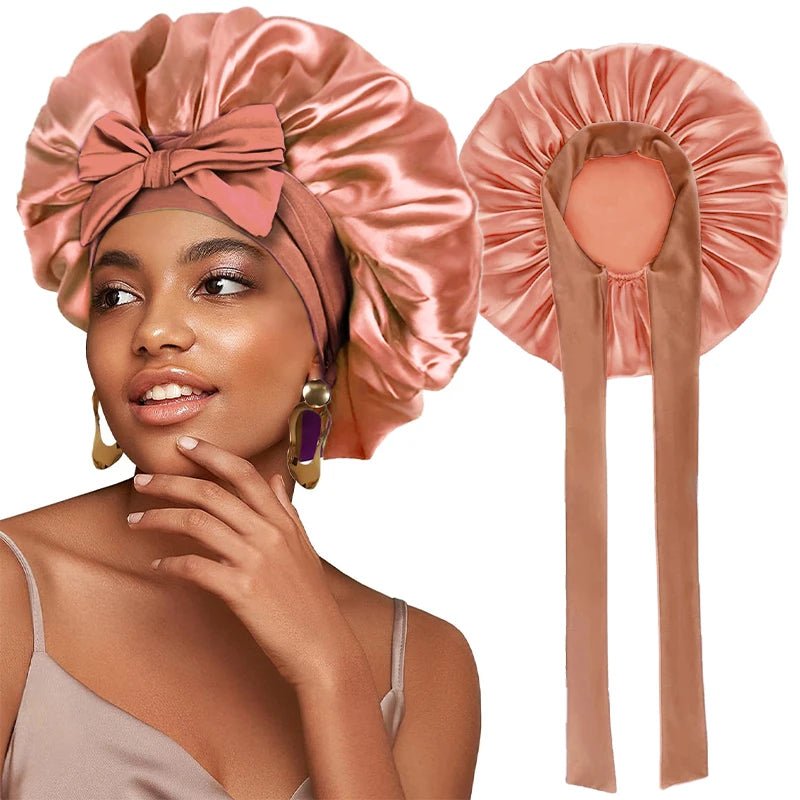 New Satin Solid Sleeping Hat With Stretchy Tie Band Elastic For Women Night Shower Cap Adjustable Hair Head Cover Bonnet Turban - Cozy & Co. Market