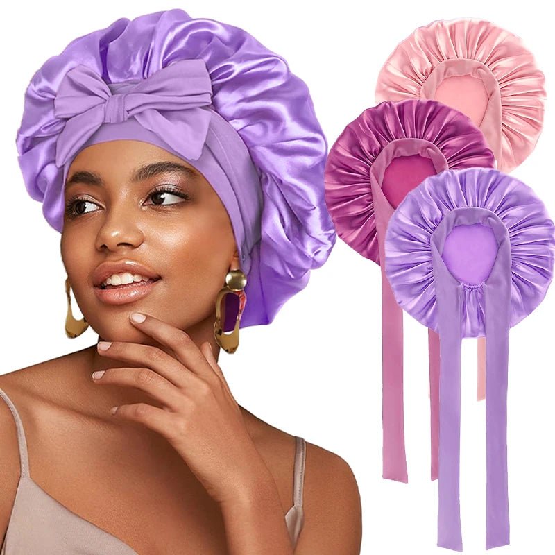 New Satin Solid Sleeping Hat With Stretchy Tie Band Elastic For Women Night Shower Cap Adjustable Hair Head Cover Bonnet Turban - Cozy & Co. Market