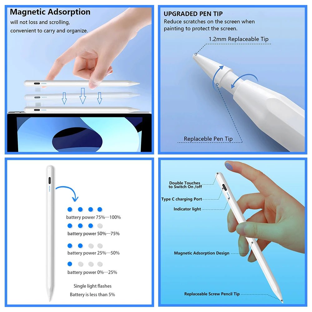 New Stylus Pen for iPad 2018-2026 Air/Mini/Pro iPad Pencil For Apple Pencil 2 with LED Power Indicators Palm Rejection Touch Pen - Cozy & Co. Market