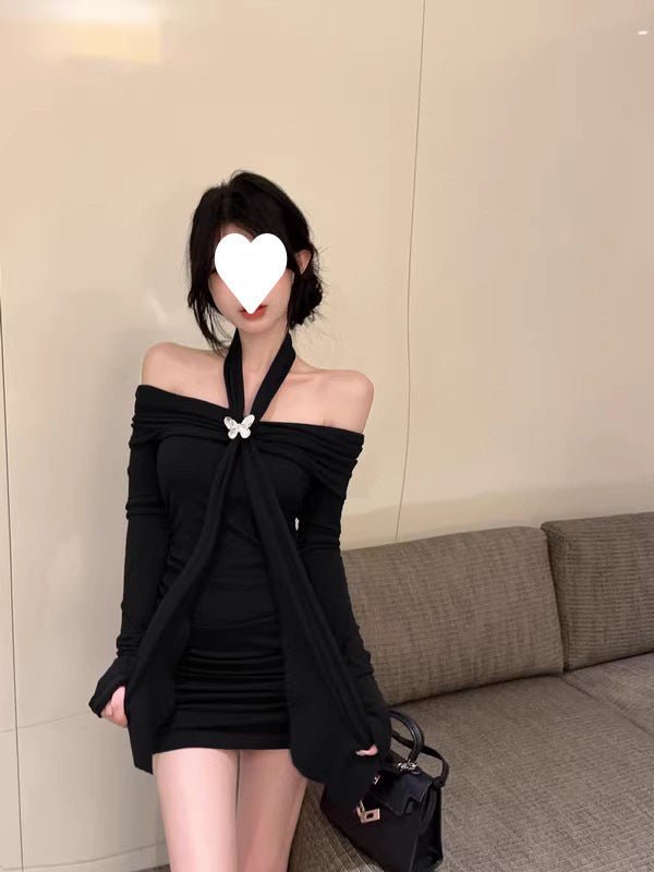off-shoulder red long-sleeved dress women's autumn and winter pure hot girl bow waist off-shoulder hip wrap skirt - Cozy & Co. Market