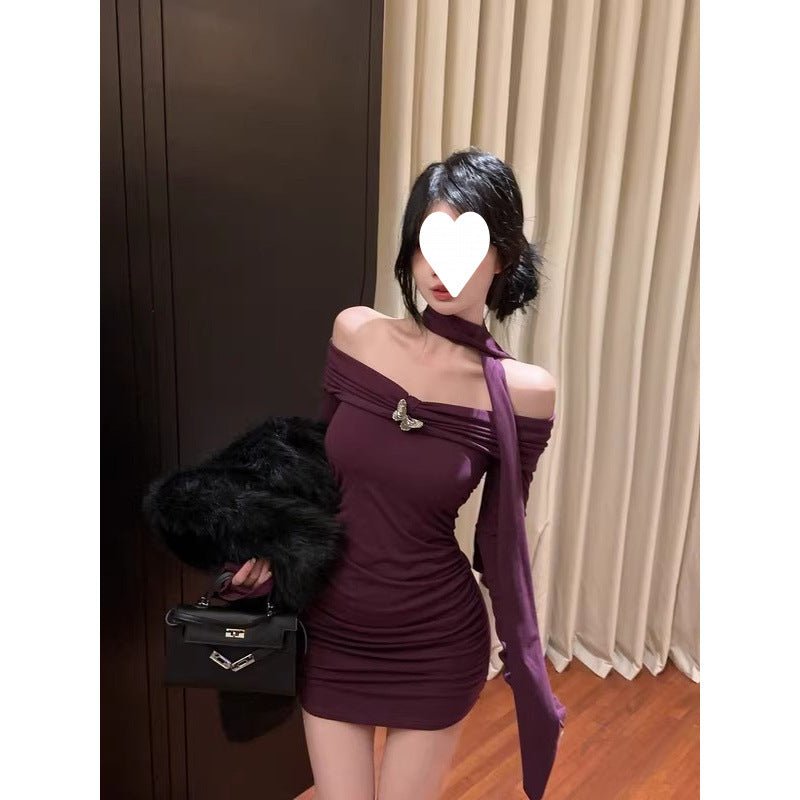 off-shoulder red long-sleeved dress women's autumn and winter pure hot girl bow waist off-shoulder hip wrap skirt - Cozy & Co. Market
