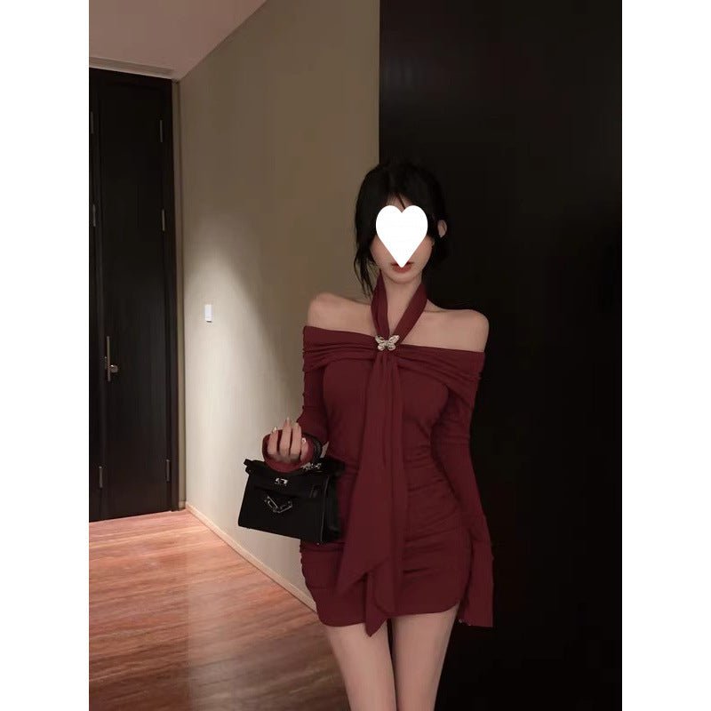 off-shoulder red long-sleeved dress women's autumn and winter pure hot girl bow waist off-shoulder hip wrap skirt - Cozy & Co. Market
