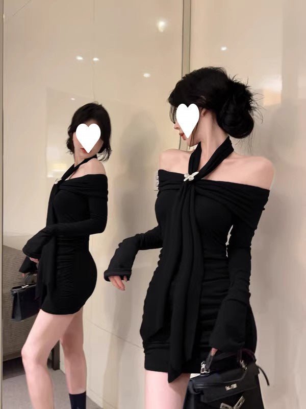 off-shoulder red long-sleeved dress women's autumn and winter pure hot girl bow waist off-shoulder hip wrap skirt - Cozy & Co. Market