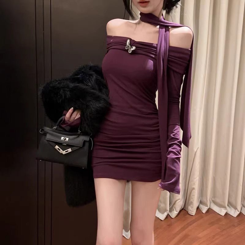 off-shoulder red long-sleeved dress women's autumn and winter pure hot girl bow waist off-shoulder hip wrap skirt - Cozy & Co. Market