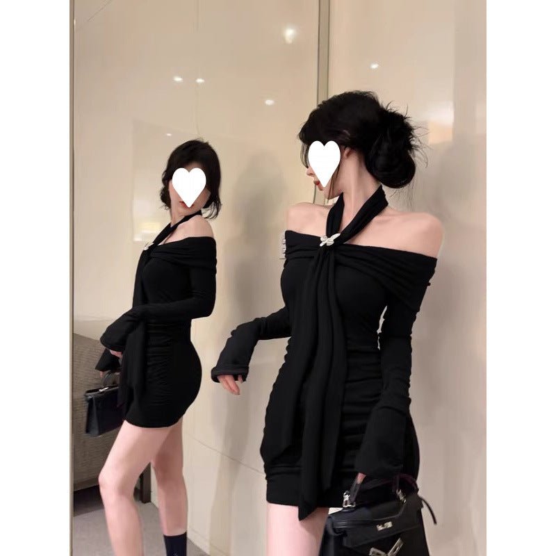 off-shoulder red long-sleeved dress women's autumn and winter pure hot girl bow waist off-shoulder hip wrap skirt - Cozy & Co. Market