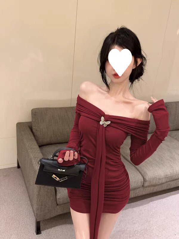 off-shoulder red long-sleeved dress women's autumn and winter pure hot girl bow waist off-shoulder hip wrap skirt - Cozy & Co. Market