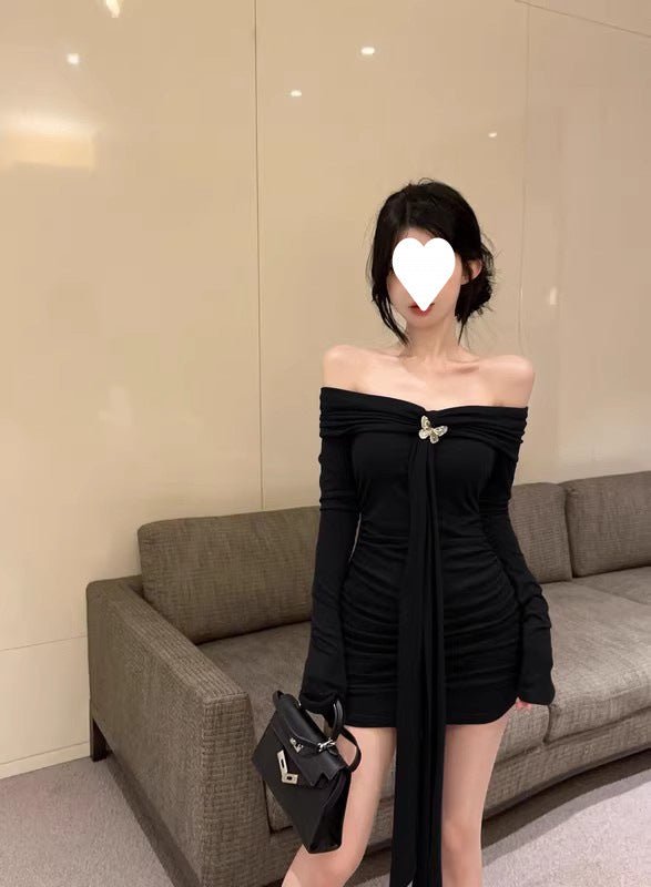 off-shoulder red long-sleeved dress women's autumn and winter pure hot girl bow waist off-shoulder hip wrap skirt - Cozy & Co. Market