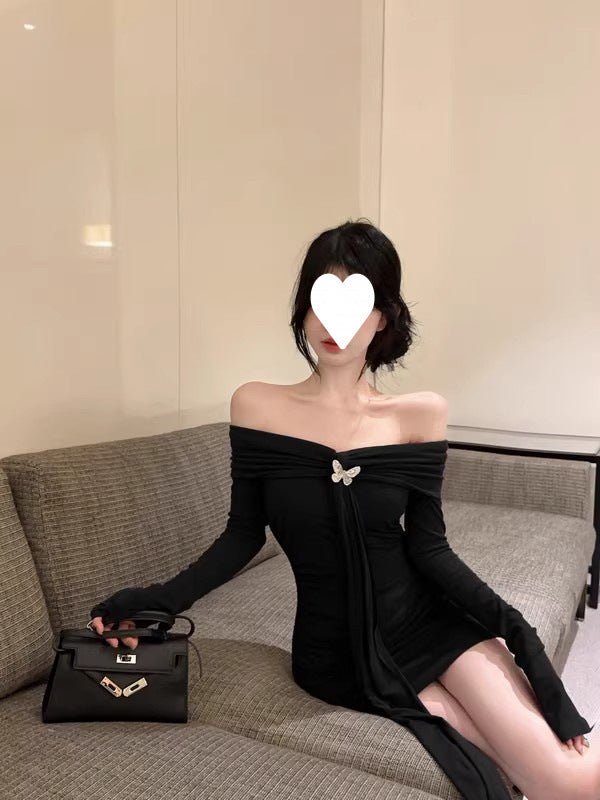 off-shoulder red long-sleeved dress women's autumn and winter pure hot girl bow waist off-shoulder hip wrap skirt - Cozy & Co. Market