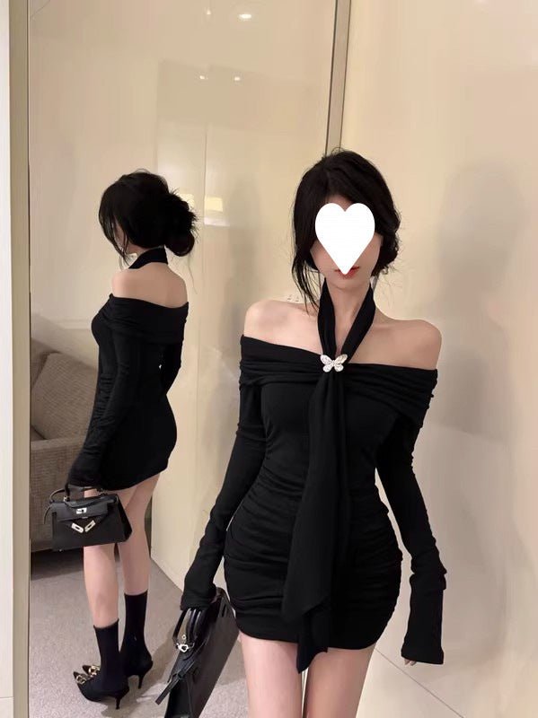 off-shoulder red long-sleeved dress women's autumn and winter pure hot girl bow waist off-shoulder hip wrap skirt - Cozy & Co. Market