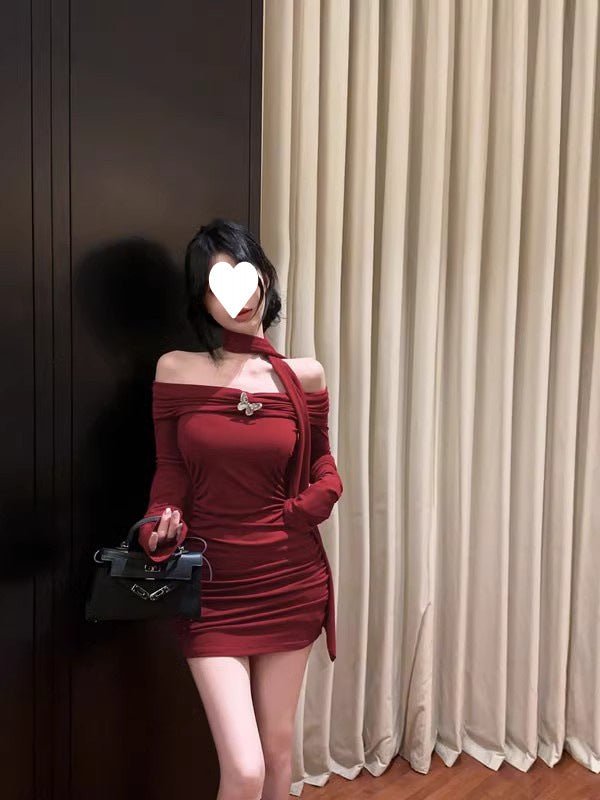 off-shoulder red long-sleeved dress women's autumn and winter pure hot girl bow waist off-shoulder hip wrap skirt - Cozy & Co. Market
