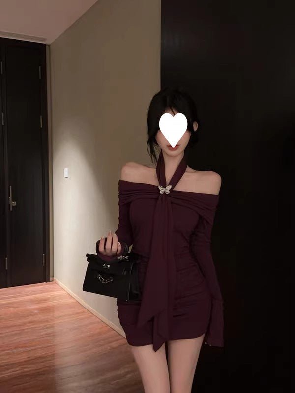 off-shoulder red long-sleeved dress women's autumn and winter pure hot girl bow waist off-shoulder hip wrap skirt - Cozy & Co. Market