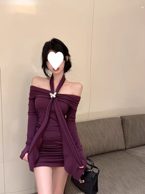 off-shoulder red long-sleeved dress women's autumn and winter pure hot girl bow waist off-shoulder hip wrap skirt - Cozy & Co. Market