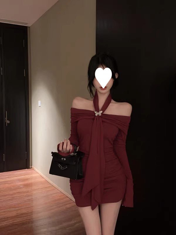 off-shoulder red long-sleeved dress women's autumn and winter pure hot girl bow waist off-shoulder hip wrap skirt - Cozy & Co. Market